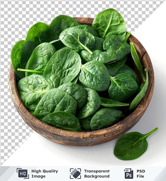 psd picture set of spinach in a wooden plate isolated on transparent background