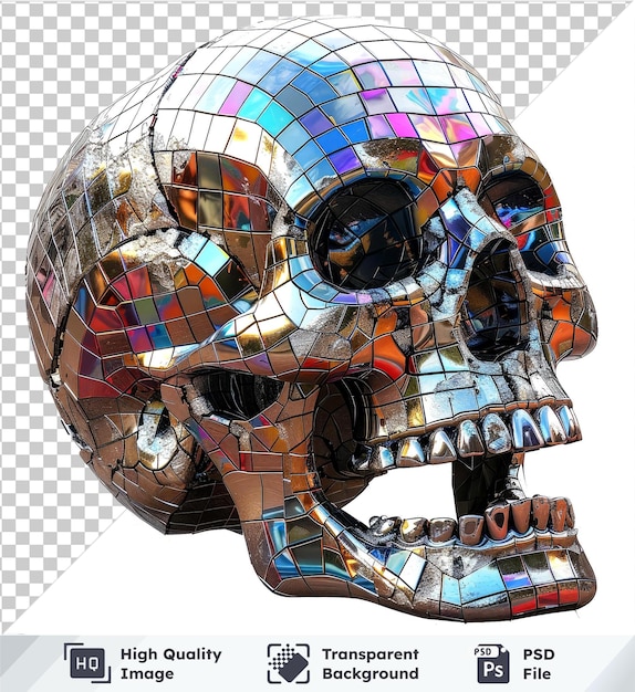 PSD psd picture of skull with mirrored tiles reflecting lights on transparent bg