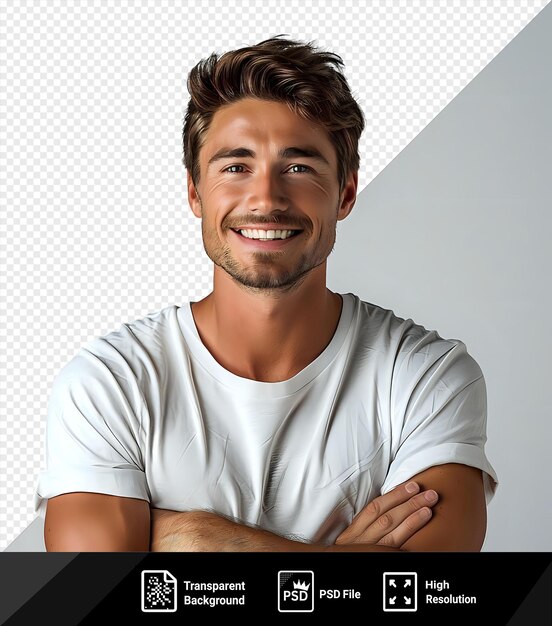 psd picture smiling athlete with arms crossed in front of a white wall wearing a white shirt and brown hair with a large nose and brown eyes and a small ear visible png psd