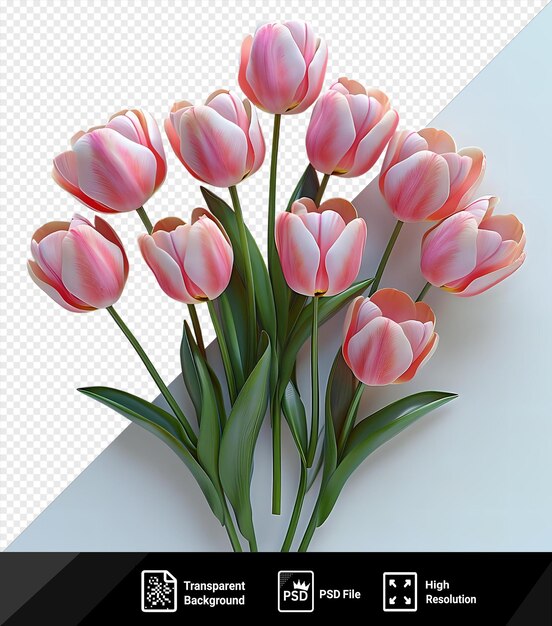 psd picture spring flowers tulips in various shades of pink and white with green stems and leaves are displayed on a isolated background png