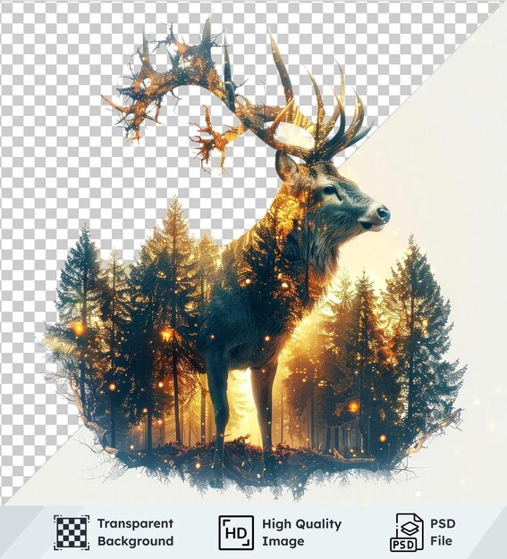 PSD psd picture of stylized deer in enchanted forest under blue sky with visible white leg