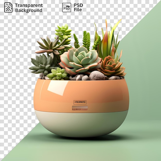 PSD psd picture of succulents in an orange pot sit on a green table against a green wall with a black shadow in the foreground