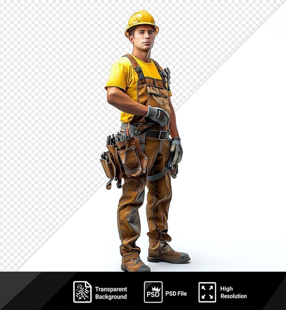 psd picture suspicious looking side young builder man uniform in a yellow helmet and yellow shirt holding a black gun wearing brown pants and a black and gray glove with a yellow head and png