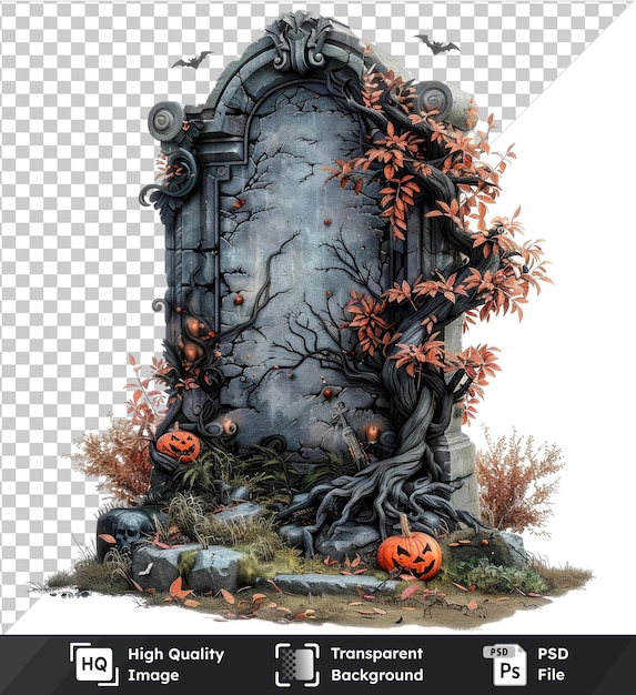 psd picture vector illustration tombstone with halloween trees and bats on a isolated background