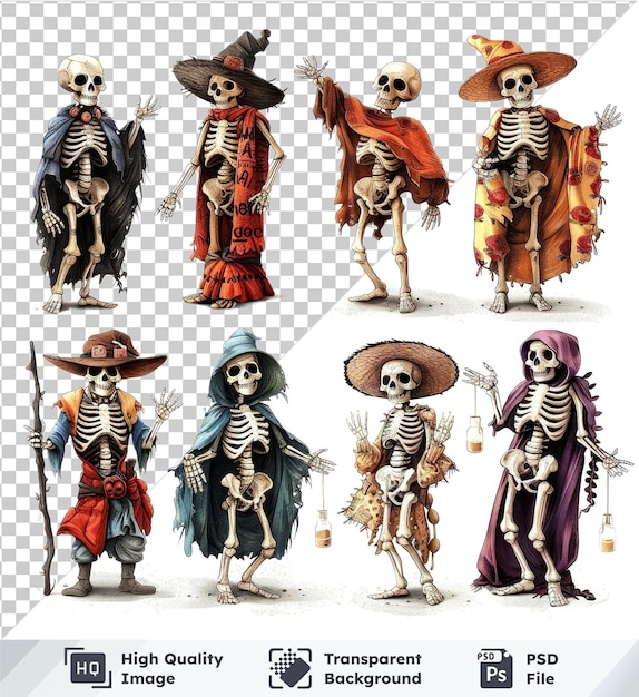 psd picture vector set of skeletons in different halloween costumes on a isolated background