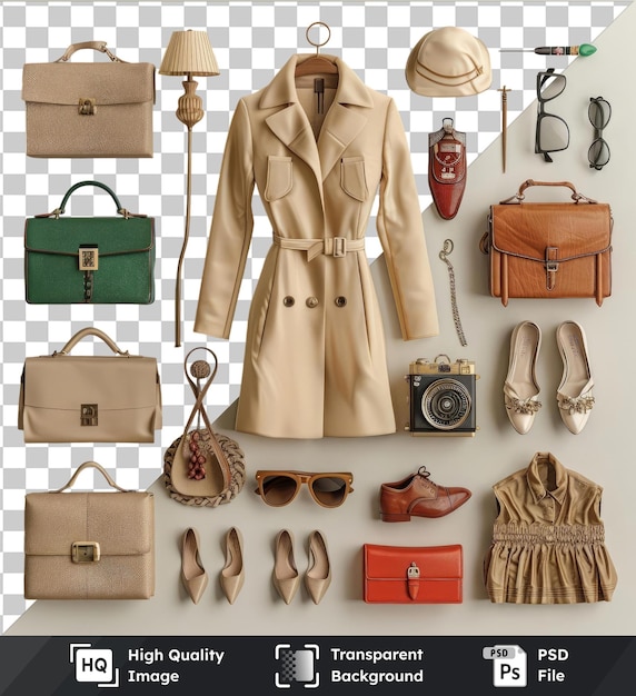 psd picture vintage fashion collection set featuring a variety of stylish items including a brown dress tan coat black glasses brown purse silver camera and brown boots displayed on