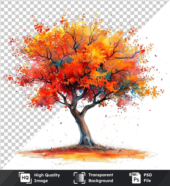 psd picture of whimsical autumn night watercolor art featuring an orange tree with a brown trunk