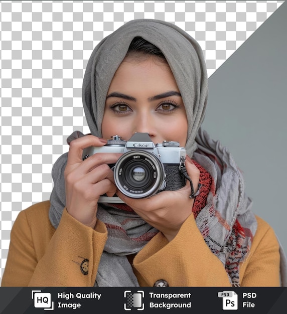 psd picture woman with camera in her hands wearing a gray scarf and holding a silver camera in her other hand standing in front of a gray and white wall