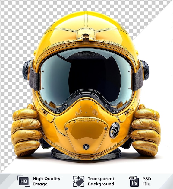 psd picture yellow helmet with gloves and goggles on isolated background