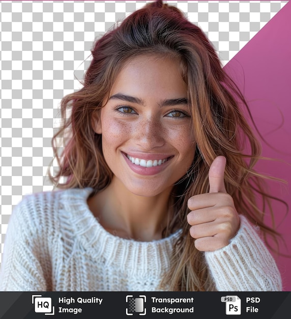 psd picture young beautiful woman over isolated doing happy thumbs up gesture with hand approving expression looking at the camera with showing success