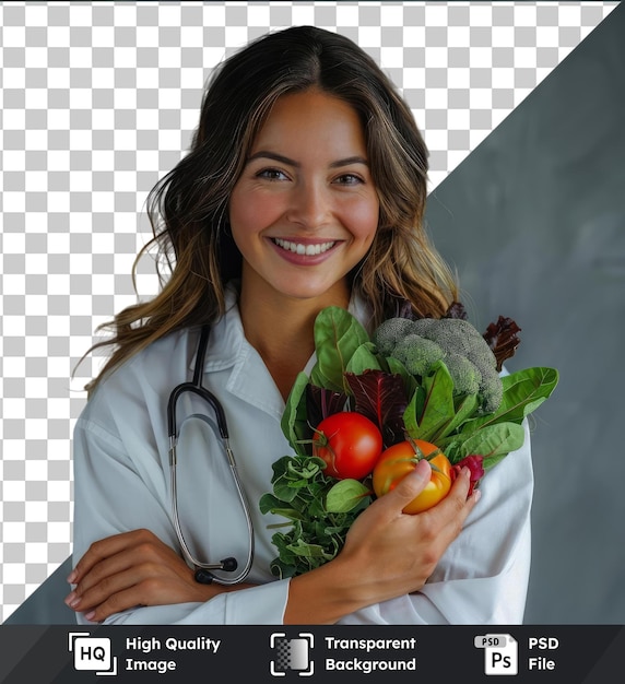 psd picture young female nutritionist holding a bunch of vegetables