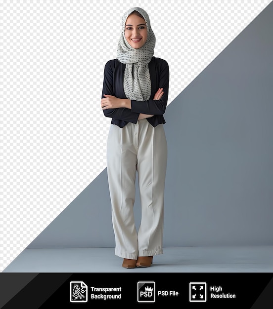 psd picture young succesful businesswoman standing in front of a gray and white wall wearing white pants and a white scarf with a hand visible in the foreground png psd