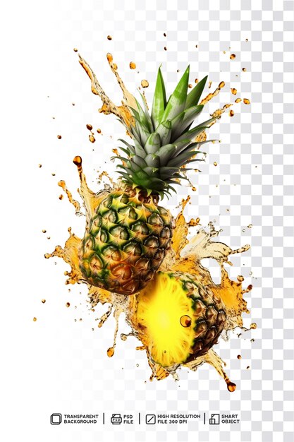 PSD psd pineapple splash drop swirl with yellow liquid render in transparent background