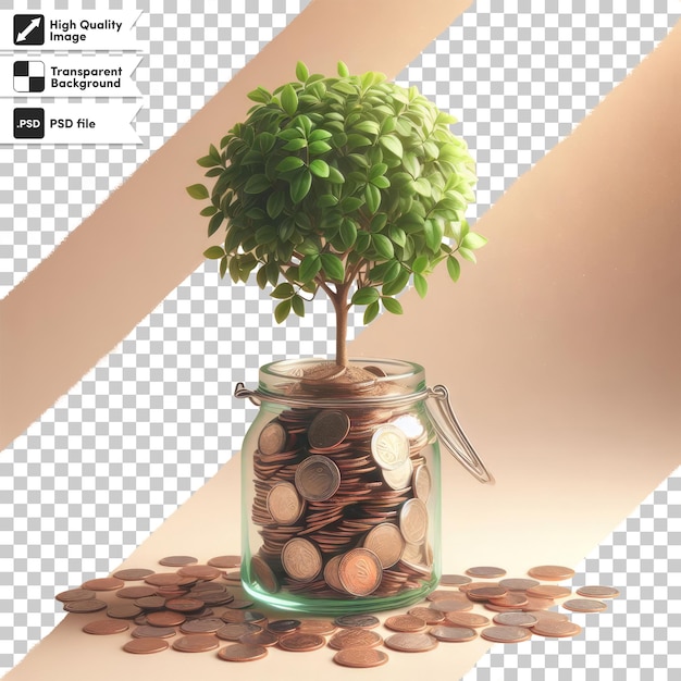 PSD a plant growing from a pile of coins on a table on transparent background