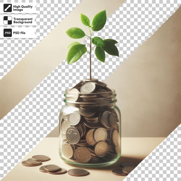 PSD psd a plant growing from a pile of coins on a table on transparent background