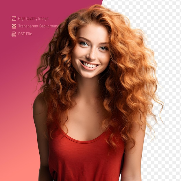 PSD Portrait of beautiful redhead girl isolated with flying curly hair smiling looking at camera