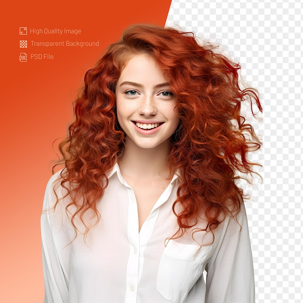 PSD Portrait of beautiful redhead girl isolated with flying curly hair smiling looking at camera