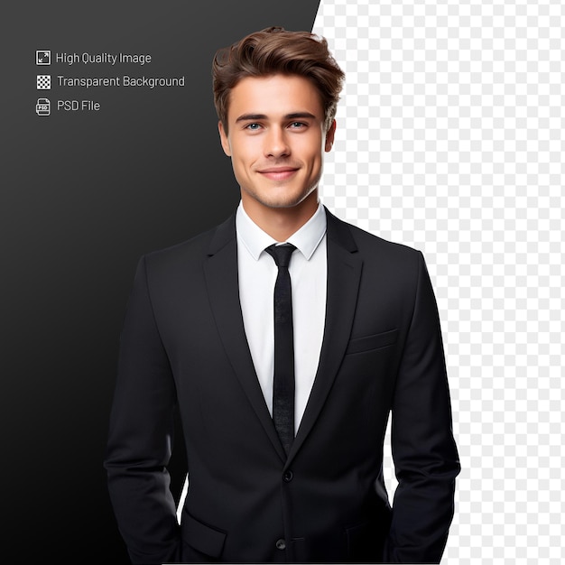 PSD Portrait of handsome caucasian man in formal suit looking at ahead smiling with smile isolated