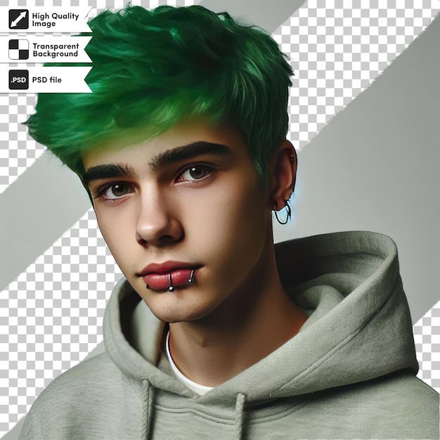 PSD portrait of a man with green hair on transparent background with editable mask layer