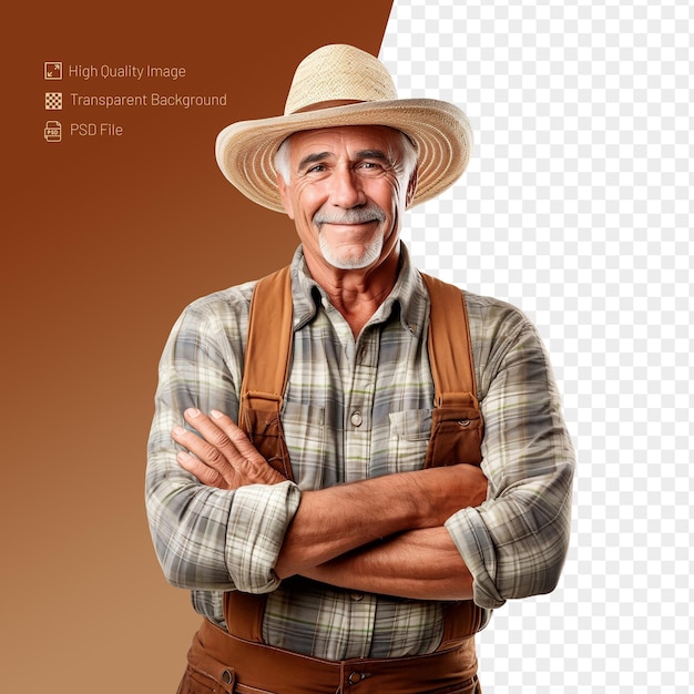 PSD portrait of a mature farmer smiling and posing with crossed arms isolated