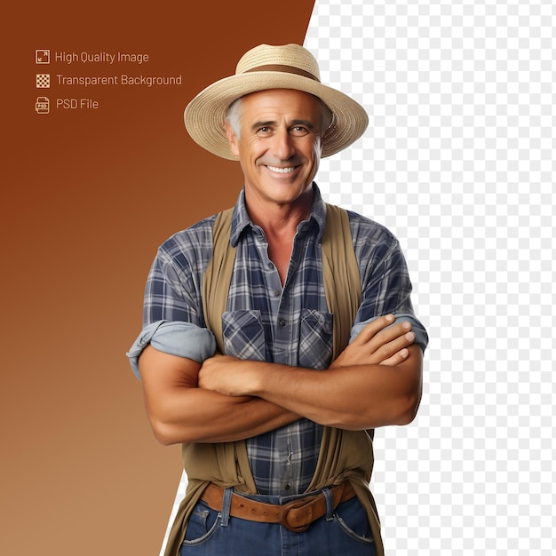 PSD portrait of a mature farmer smiling and posing with crossed arms isolated