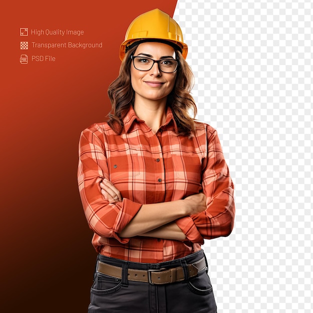 PSD Portrait of professional heavy industrial woman engineer worker isolated