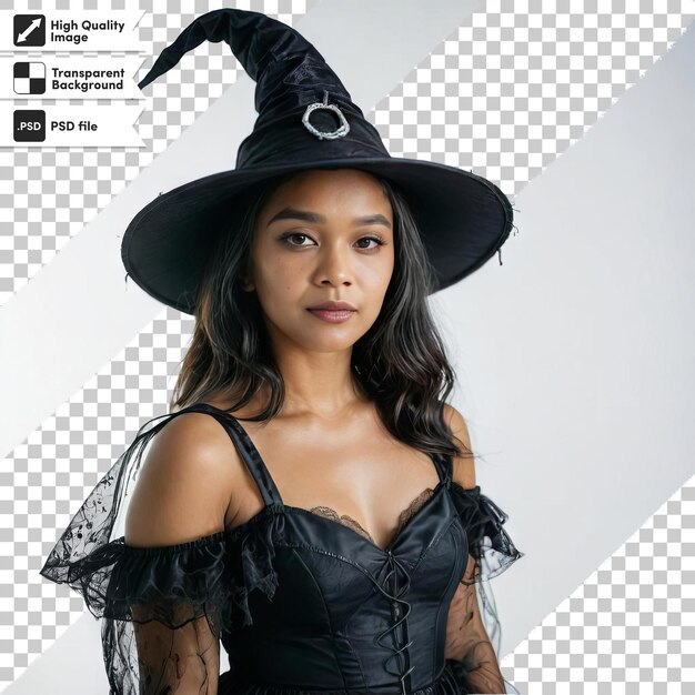 PSD portrait of a witch with hat and a broom on transparent background with editable mask layer