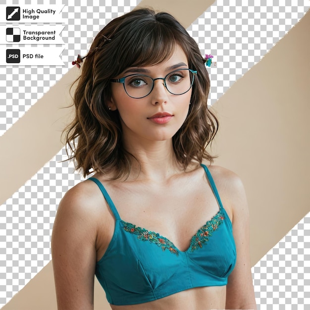 PSD portrait of a woman with glasses on transparent background with editable mask layer