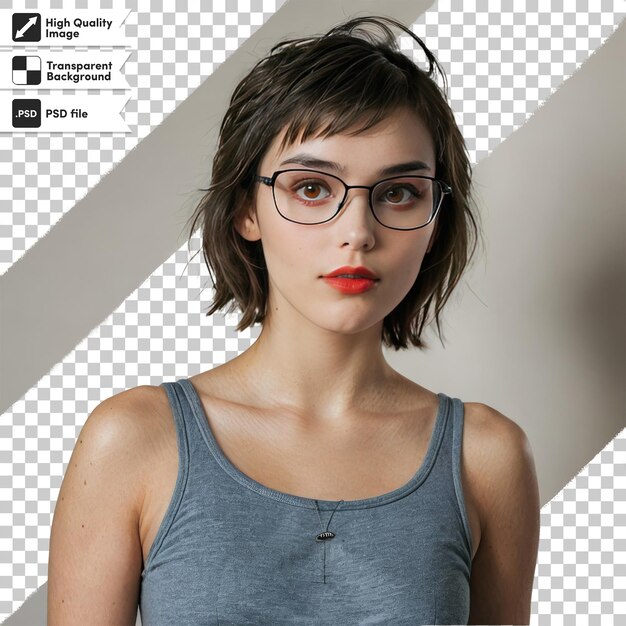 PSD portrait of a woman with glasses on transparent background with editable mask layer