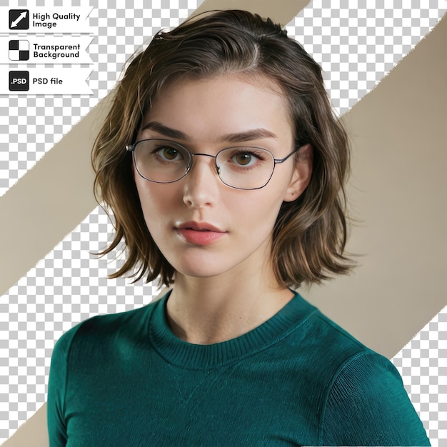 PSD portrait of a woman with glasses on transparent background with editable mask layer