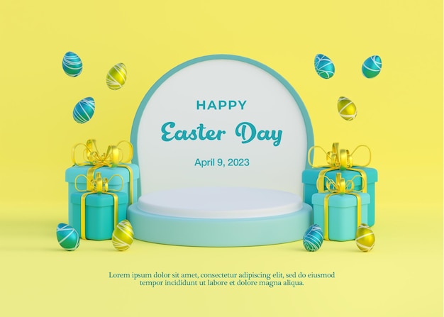 PSD A poster for easter day with a blue card that says happy easter day3d render illustration