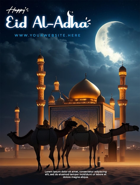 PSD a poster for eid al adha with a camel and a moon in the background