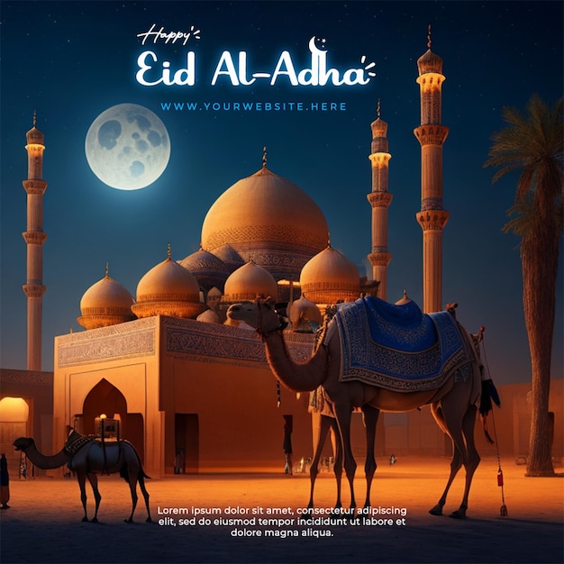 PSD a poster for eid al adha with a camel and a moon in the background