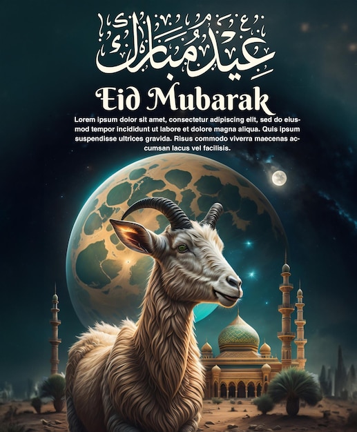 Psd Poster for eid aldha al mubarak with a goat in front amd mosque islamic mode for eid aldha