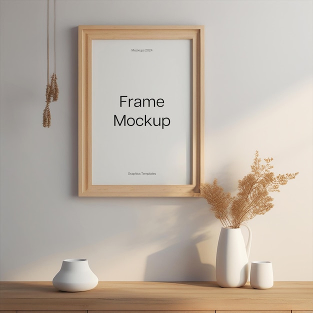 PSD poster frame mockup by a white wall on parquet floor and vase