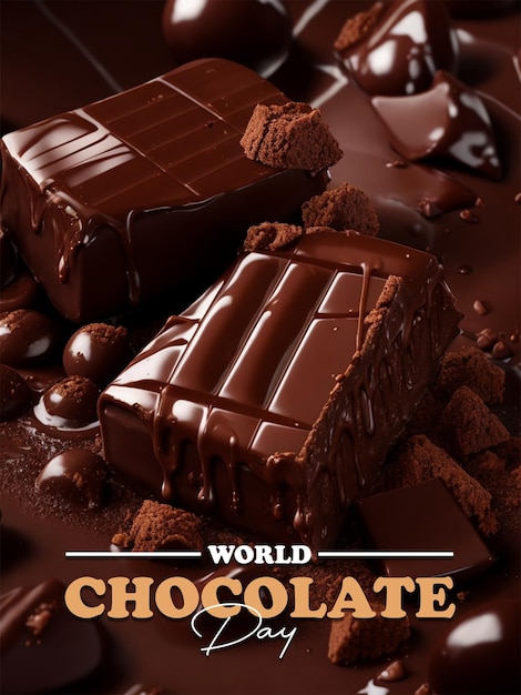 PSD a poster for greeting world chocolate day with chocolates on the top