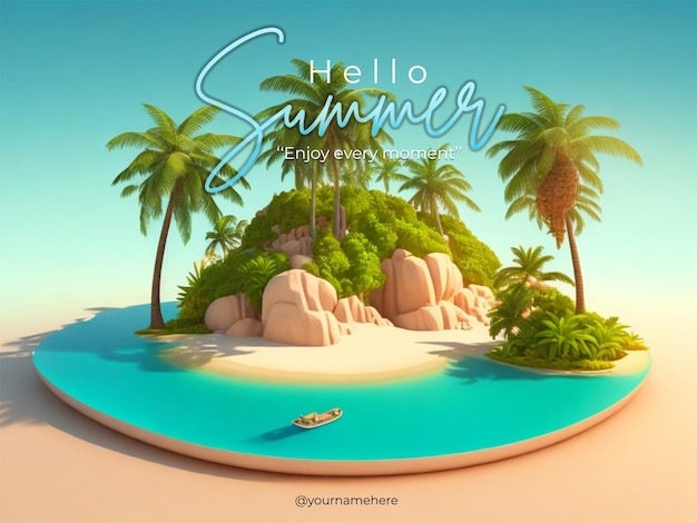 PSD a poster for hello summer with palm trees and a beach scene