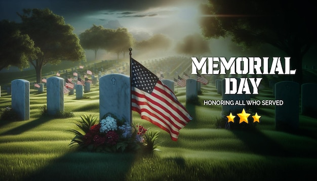 PSD a psd poster for memorial day banner template with a field of flowers and a flag