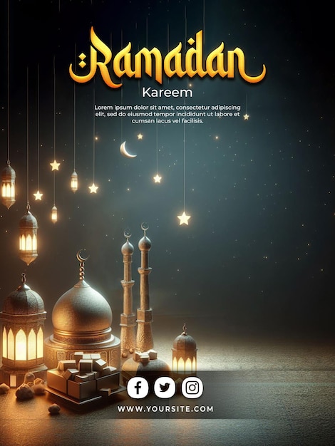 Psd poster ramadan kareem poster template with islamic ramdan lantern