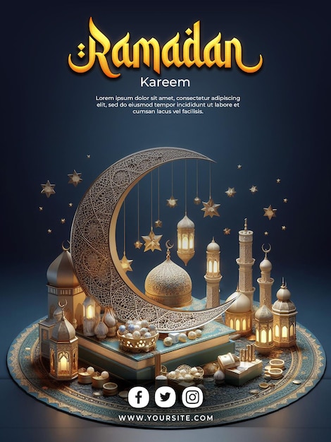 Psd poster ramadan kareem poster template with islamic ramdan lantern