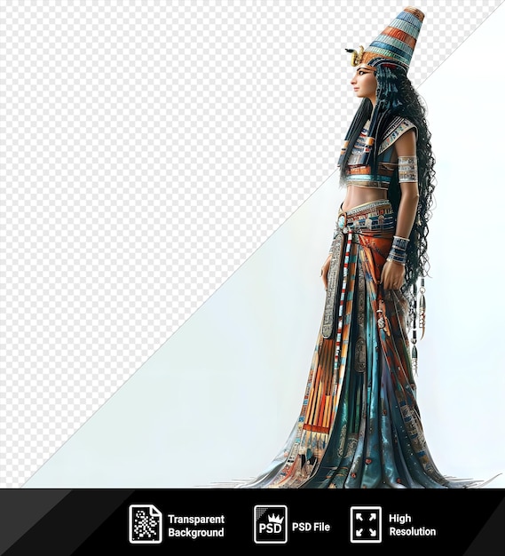 psd qetesh egyptian goddess of the arts wearing a colorful dress and hat with long black hair and a hand visible in the foreground