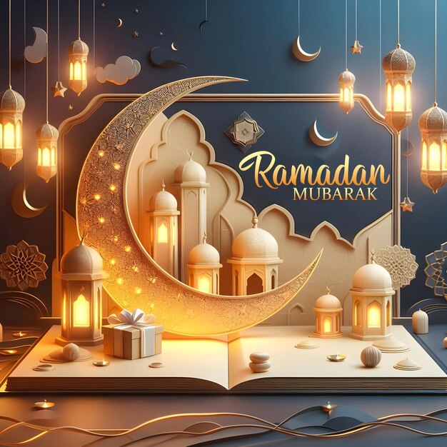 PSD Ramadan kareem or eid mubarak greeting lantern and mosque islamic background