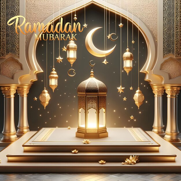 PSD Ramadan kareem or eid mubarak greeting lantern and mosque islamic background