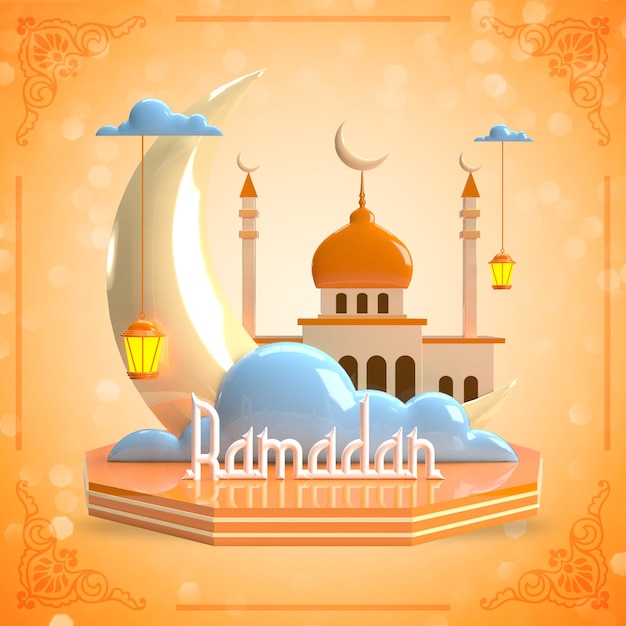 PSD Ramadan Kareem Islamic background with 3D Podium and moon