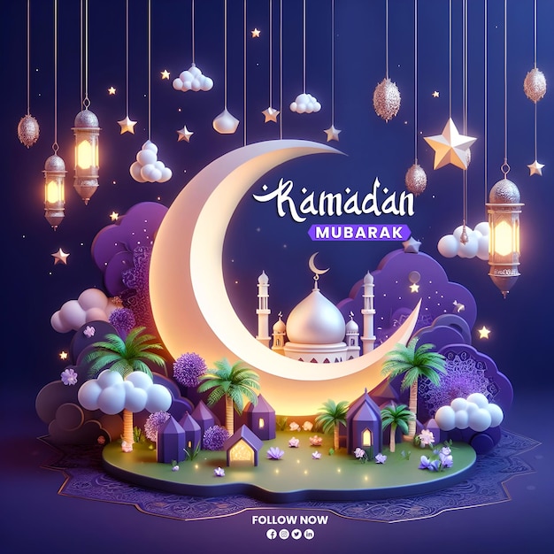 Psd ramadan mubarak 3d social banner with islamic festival