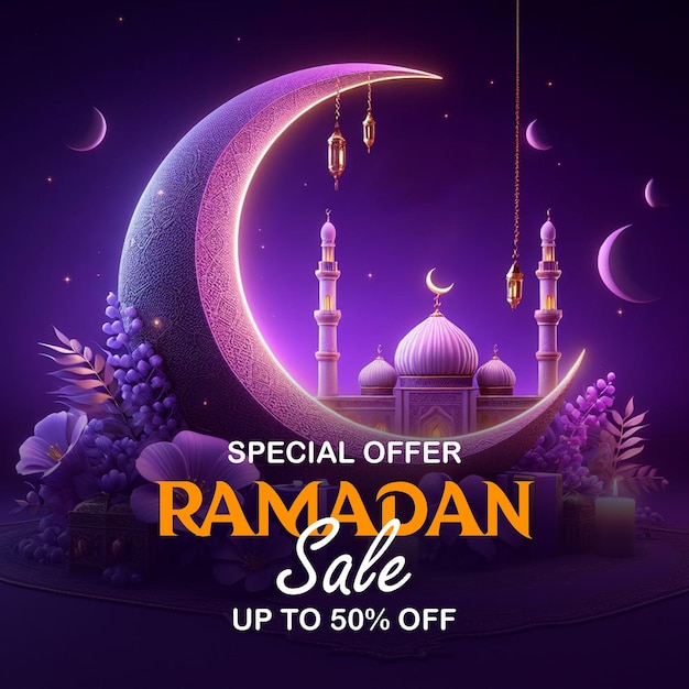 PSD Ramadan sale banner template with ornament moon mosque and lantern background and media post