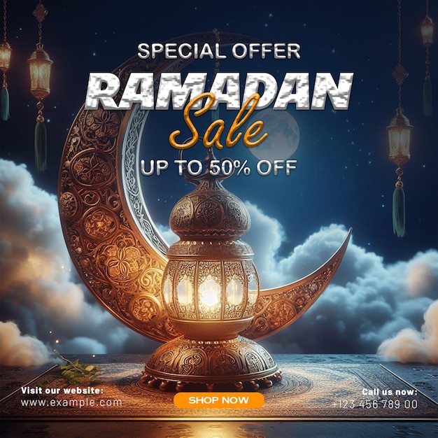 PSD Ramadan sale banner template with ornament moon mosque and lantern background and media post