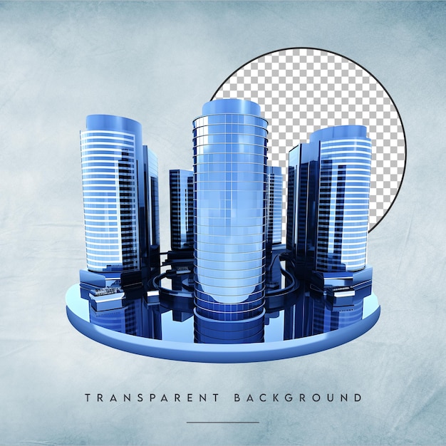 PSD realistic 3D model of blue city with buildings isolated on a transparent background