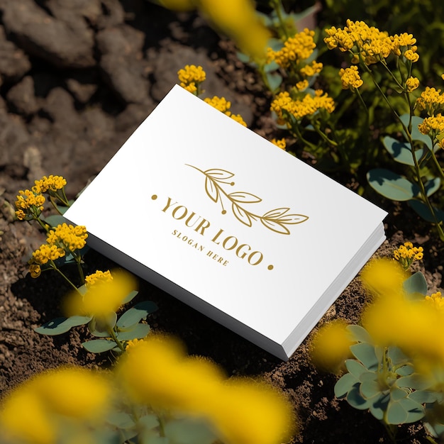 PSD Realistic business card mockup with flowers