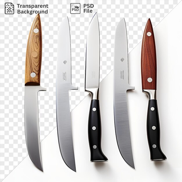 psd realistic photographic chefs knives including a silver knife with a wood and brown handle and a sharp silver knife with a black handle are displayed on a transparent background alongside a